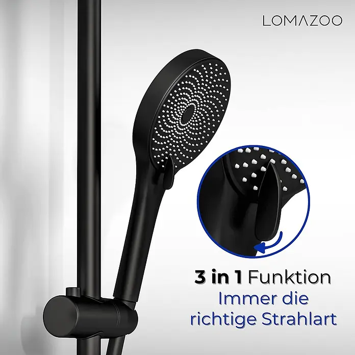 LOMAZOO Duschsystem BARSET-01-BLACK - Matt - Schwarzer Duschkopf mit 3-in-1 Strahlarten-Wahlfunktion.