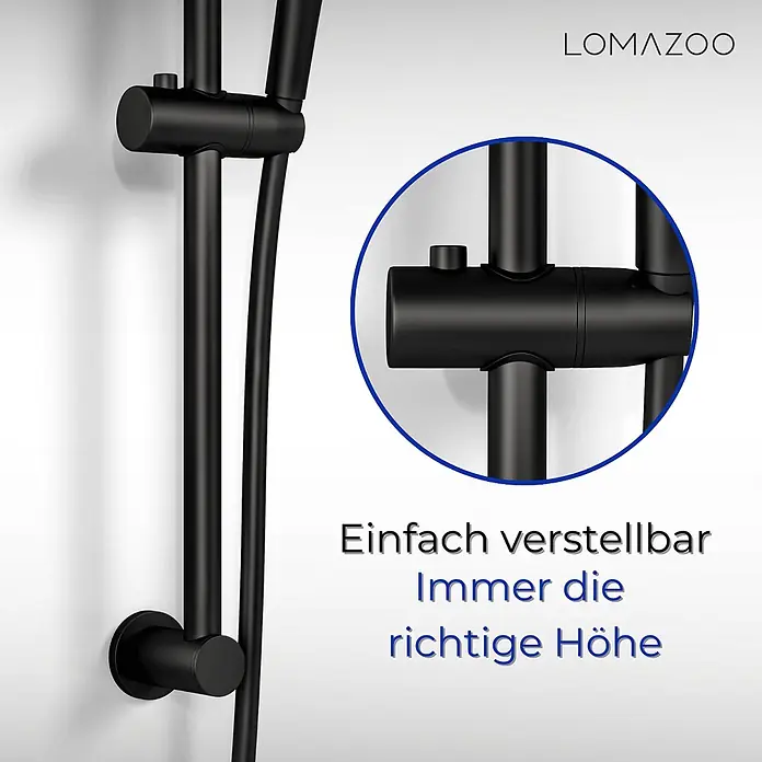 LOMAZOO Duschsystem BARSET-01-BLACK - Matt - Mattschwarze Duschstange mit leicht verstellbarem Duschkopfhalter, im Detail gezeigt.