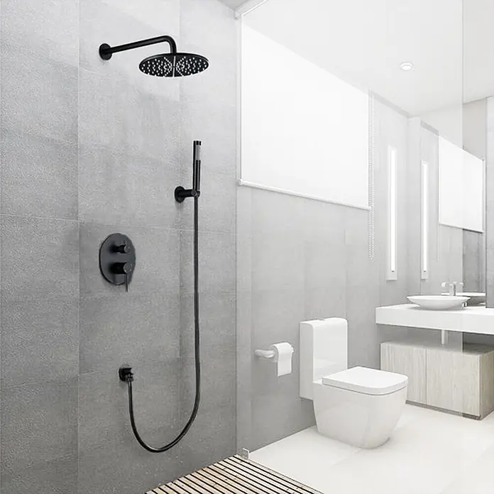 LOMAZOO Duschsystem LMZ-TELESTO - Anzahl Strahlarten: 1 Stk., Schwarz - Schwarzes Duschsystem mit Regenbrause und Handbrause in einem modernen Badezimmer.