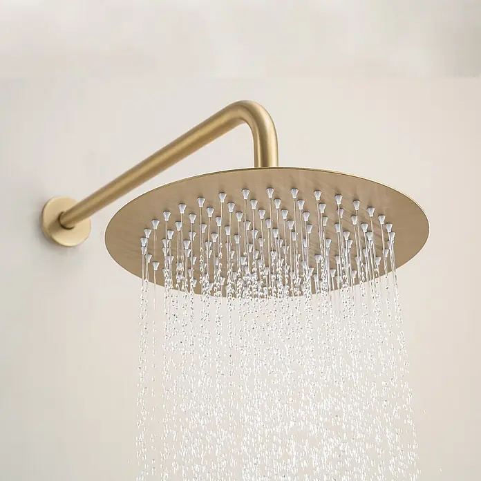 LOMAZOO Duschsystem LMZ-SOLARA - Anzahl Strahlarten: 1 Stk., Gold - Goldene Regenbrause, rund, wandmontiert, mit Wasserstrahl.