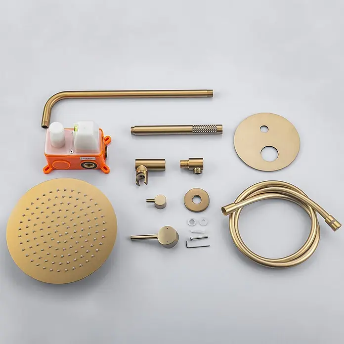 LOMAZOO Duschsystem LMZ-SOLARA - Anzahl Strahlarten: 1 Stk., Gold - Gebürstetes Gold Duschsystem mit Regenbrause, Handbrause und Mischbatterie.
