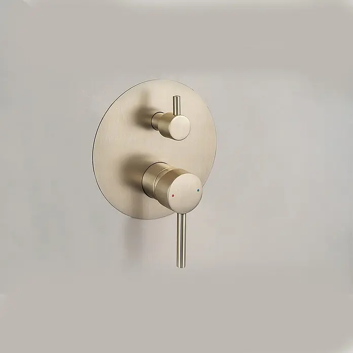 LOMAZOO Duschsystem LMZ-SOLARA - Anzahl Strahlarten: 1 Stk., Gold - Duscharmatur aus gebürstetem Nickel mit zwei runden Griffen und rot/blau Temperaturanzeige.