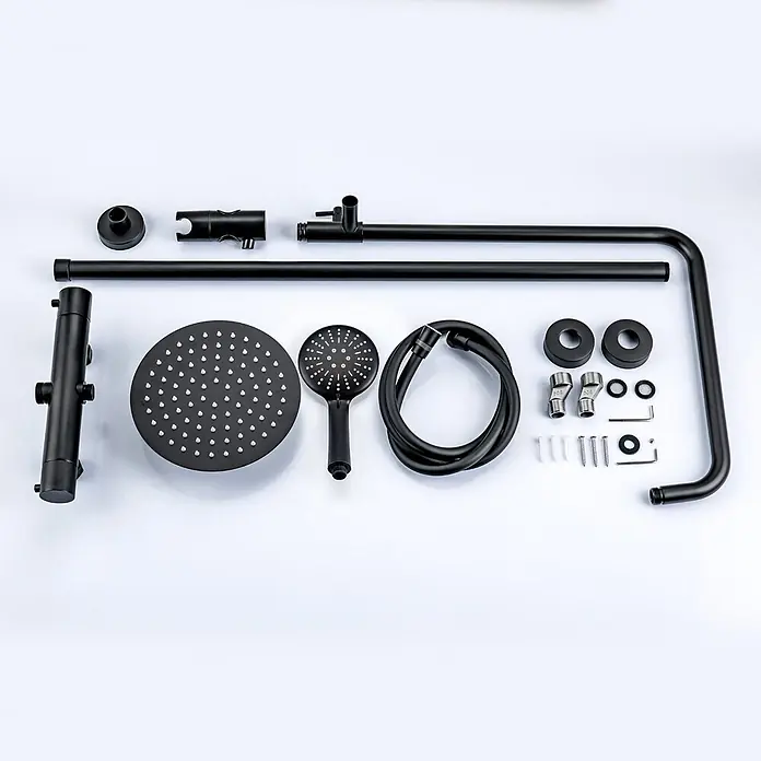 LOMAZOO Duschsystem LMZ-COOPER - Anzahl Strahlarten: 1 Stk., Schwarz - Mattes schwarzes Duschsystem, zerlegt, mit Haupt- und Handbrausen, Schlauch und Befestigungsmaterial.
