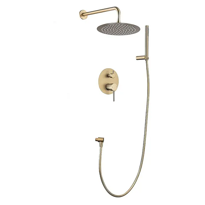LOMAZOO Duschsystem LMZ-SOLARA - Anzahl Strahlarten: 1 Stk., Gold - Duschsystem aus gebürstetem Gold mit Kopfbrause, Handbrause, Schlauch und Wandarmaturen.