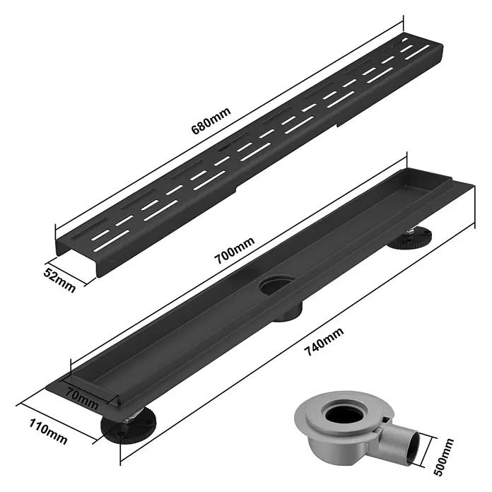 LOMAZOO Duschsystem SFD-01-BLACK-70 - Schwarz - Dunkelgraues lineares Duschablauf-Set mit perforiertem Rost, Kanal und grauem Anschlussstück, Maße sichtbar.