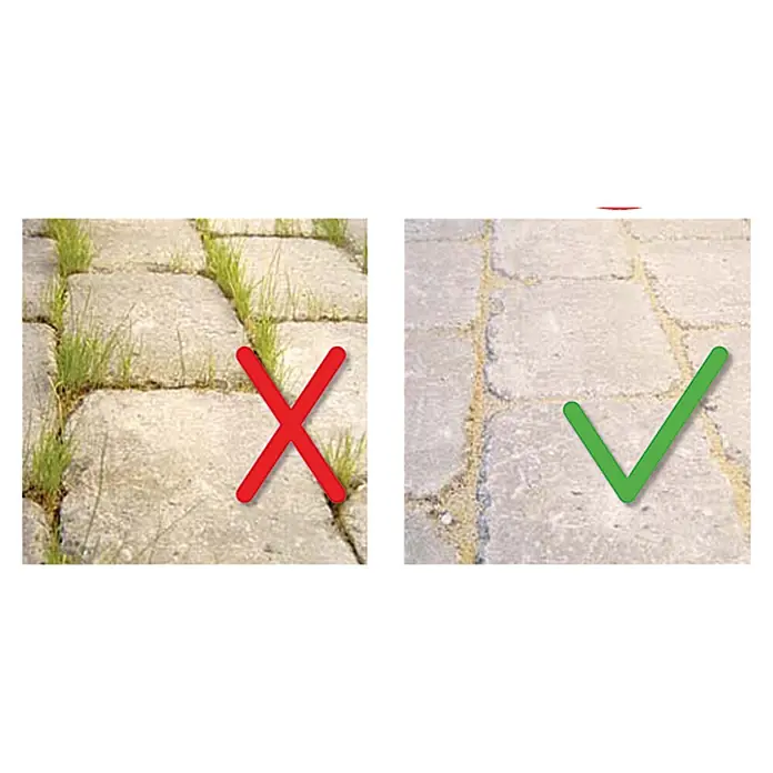 Dansand Fugensand No Grow - Sand/Neutral, 20 kg - Darstellung einer Pflasterfläche mit und ohne Unkraut, verdeutlicht durch ein rotes Kreuz und einen grünen Haken.