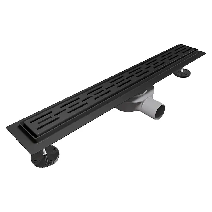 LOMAZOO Duschsystem SFD-01-BLACK-70 - Schwarz - Schwarze Linienentwässerung mit Lamellenrost, grauem Rohranschluss und zwei verstellbaren Füßen.