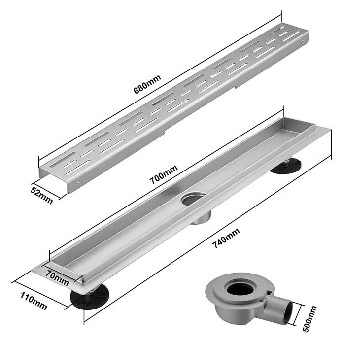 LOMAZOO Duschsystem SFD-01-BRUSHED-70 - Stahl - Silberfarbener Linienablauf für Duschen mit Rechteckgitter und Maßen.