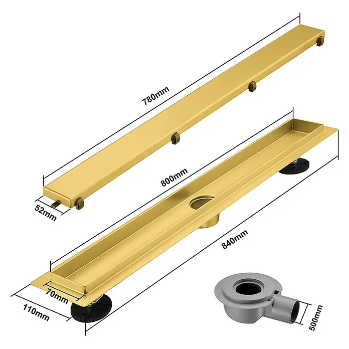 LOMAZOO Duschsystem SFD-02-GOLD-80 - Gold - Goldener langer Duschablauf mit Maßen und separatem grauen Abflussverbinder.