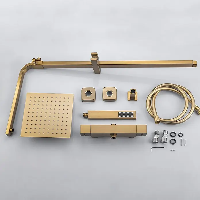 LOMAZOO Duschsystem LMZ-ESTRELLA - Anzahl Strahlarten: 1 Stk., Gold - Goldfarbenes Duschsystem-Set mit Duschkopf, Armatur, Schlauch und Brausearm, zerlegt.