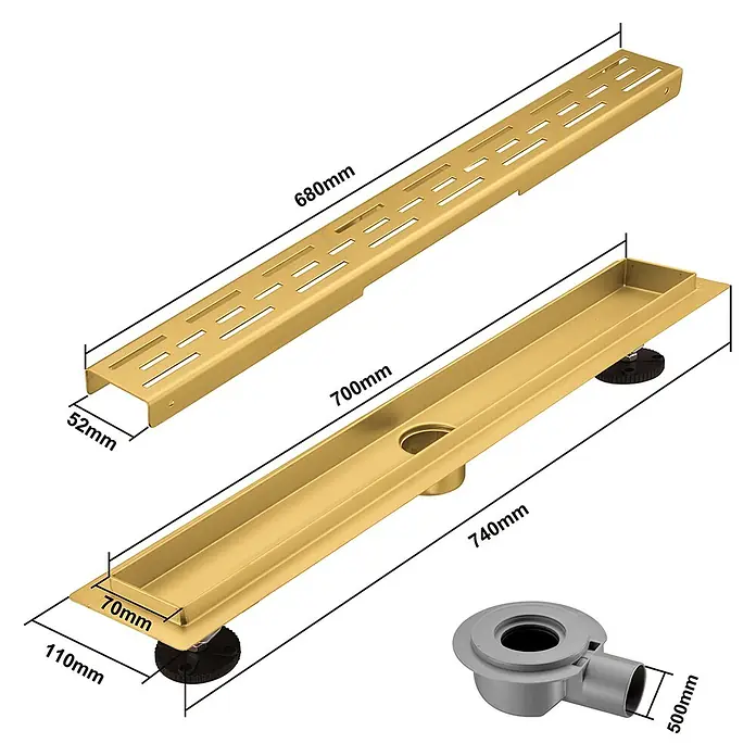 LOMAZOO Duschsystem SFD-01-GOLD-70 - Gold - Mattgoldener Linear-Duschablauf mit 680mm Schlitzrost, 740mm Rinne und separatem Ablaufstutzen, mit Maßangaben.