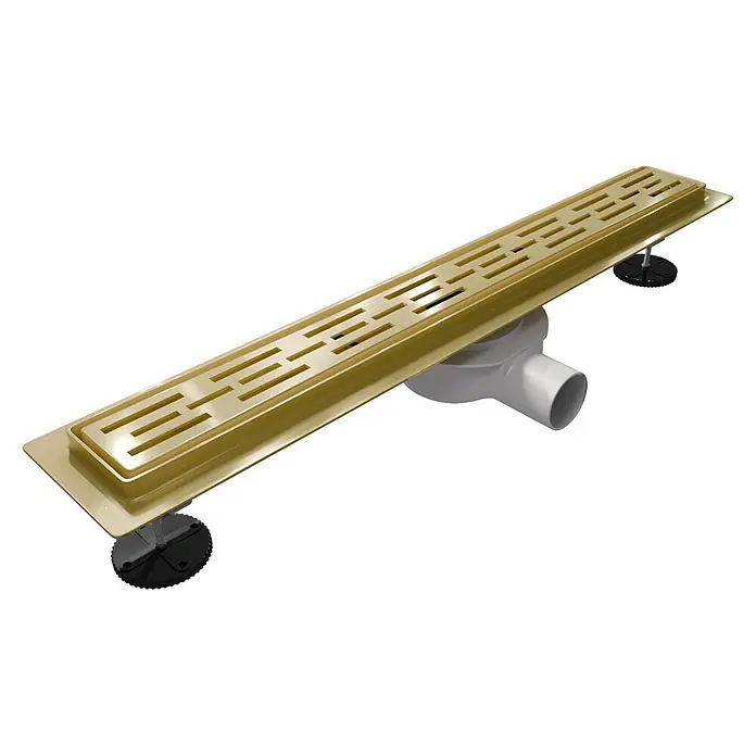 LOMAZOO Duschsystem SFD-01-GOLD-70 - Gold - Messingfarbene, lineare Duschrinne mit gemustertem Gitter, inklusive weißem Rohranschluss und schwarzen Nivellierfüßen.