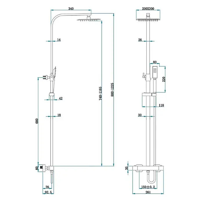LOMAZOO Duschsystem LMZ-ESTRELLA - Anzahl Strahlarten: 1 Stk., Gold - Technisches Diagramm eines Duschsystems mit detaillierten Maßen für Regenduschkopf, Handbrause und Mischbatterie.