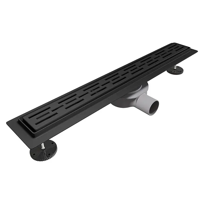 LOMAZOO Duschsystem SFD-01-BLACK-80 - Schwarz - Schwarze lineare Duschrinne mit geschlitztem Rost, grauem Seitenablauf und verstellbaren Füßen.
