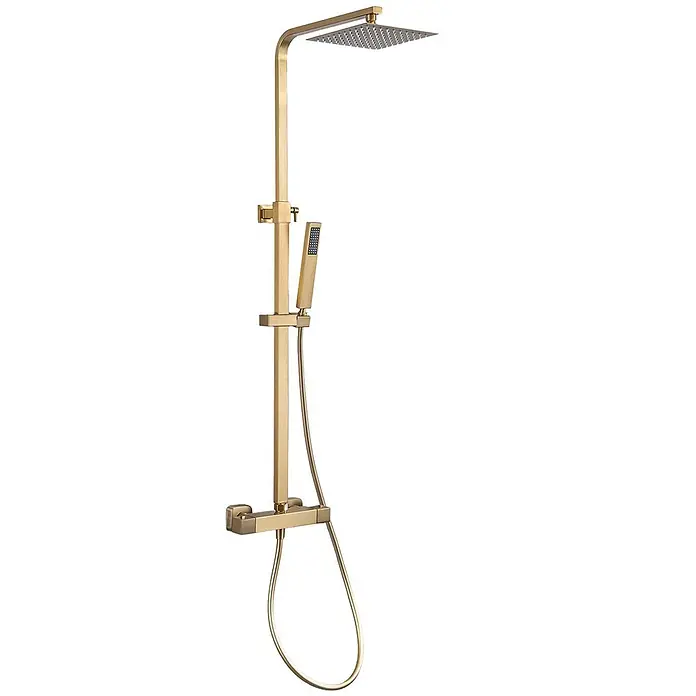 LOMAZOO Duschsystem LMZ-ESTRELLA - Anzahl Strahlarten: 1 Stk., Gold - Gebürstetes goldenes Duschsystem mit quadratischem Regenduschkopf, Handbrause und integriertem Mischer.
