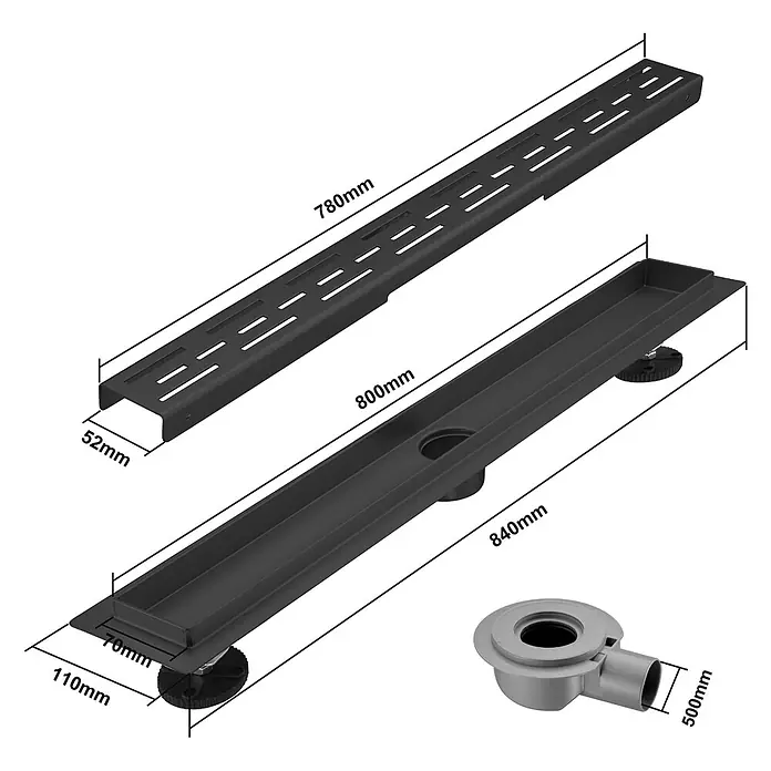 LOMAZOO Duschsystem SFD-01-BLACK-80 - Schwarz - Schwarzes lineares Duschablaufset mit Schlitzrost, Rinne und separatem grauen Ablaufanschluss, Maße gezeigt.