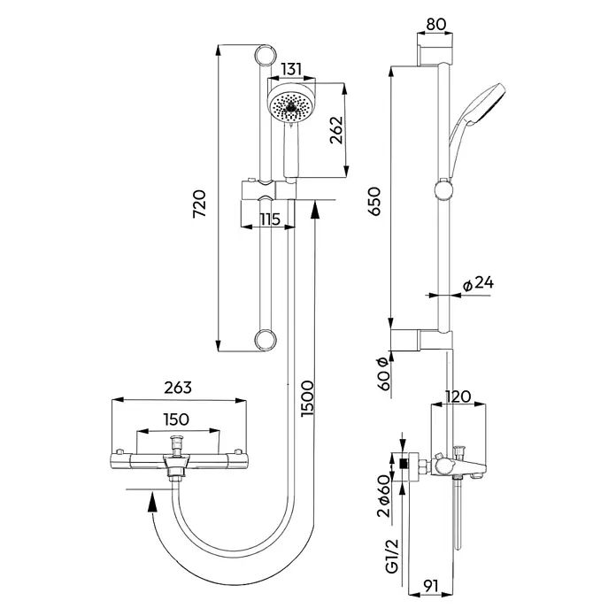 LOMAZOO Duschsystem LMZ-SELVO - Anzahl Strahlarten: 3 Stk., Glänzend - Technische Zeichnung eines kompletten Duschsystems mit Handbrause, Stange, Schlauch und Mischbatterie, inklusive Maßen.