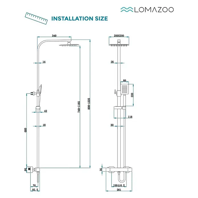 LOMAZOO Duschsystem LMZ-KYOTO - Anzahl Strahlarten: 1 Stk., Schwarz - Installationsdiagramm eines Duschsystems mit quadratischer Regendusche und Handbrause, mit allen Einbaumaßen.