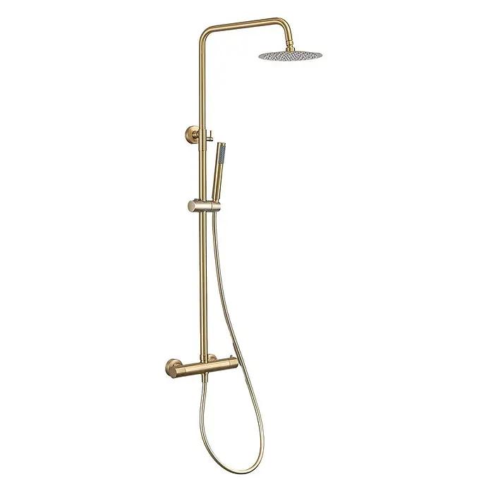 LOMAZOO Duschsystem LMZ-ORLEAN - Anzahl Strahlarten: 1 Stk., Gold - Gebürstetes Gold Duschsystem mit rundem Regenduschkopf, Handbrause und Thermostatmischer.