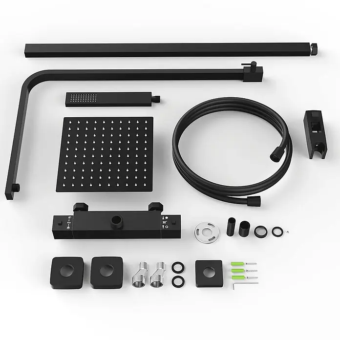 LOMAZOO Duschsystem LMZ-KYOTO - Anzahl Strahlarten: 1 Stk., Schwarz - Zerlegte mattschwarze Duschsystemkomponenten: quadratischer Regenduschkopf, Handbrause, Mischer, Schlauch und Befestigungsmaterial.