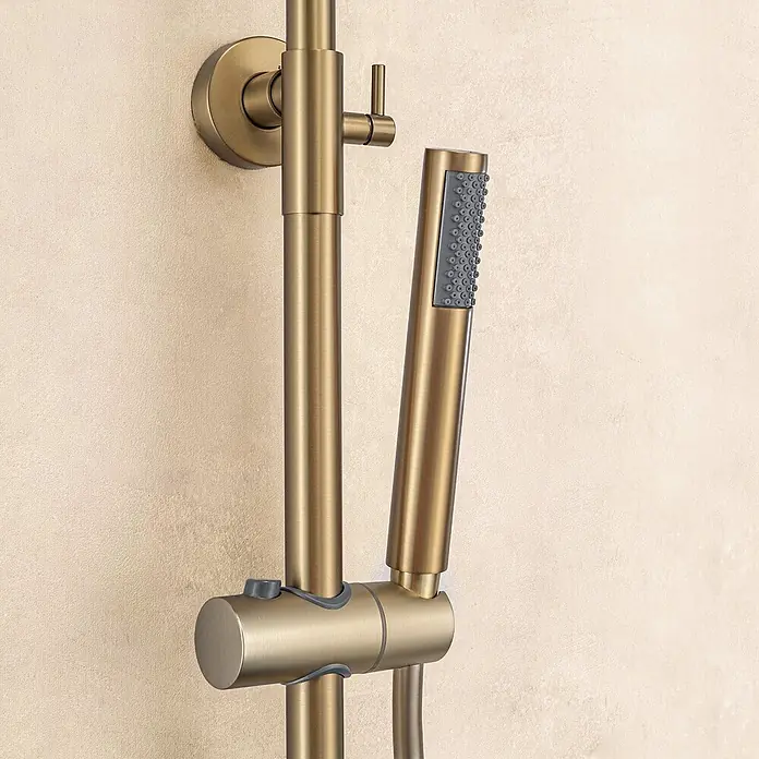 LOMAZOO Duschsystem LMZ-ORLEAN - Anzahl Strahlarten: 1 Stk., Gold - Wandmontierte Duschstange aus gebürstetem Messing mit Handbrause.