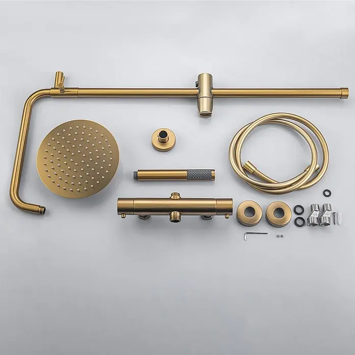 LOMAZOO Duschsystem LMZ-ORLEAN - Anzahl Strahlarten: 1 Stk., Gold - Zerlegtes Duschsystem in gebürstetem Gold mit Regenduschkopf, Handbrause, Mischbatterie und Montagezubehör.