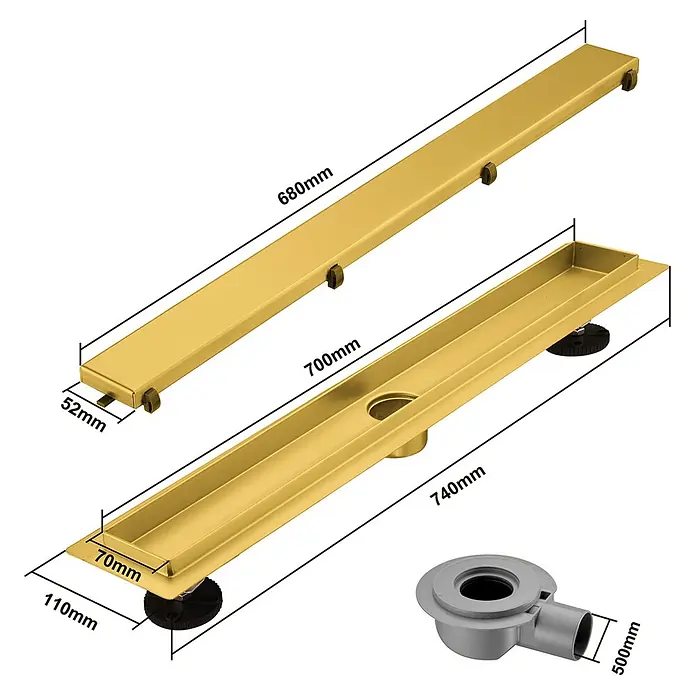 LOMAZOO Duschsystem SFD-02-GOLD-70 - Gold - Goldfarbene lineare Duschrinne mit herausnehmbarem Rost und Maßen, inklusive separatem grauen Abflussverbinder.