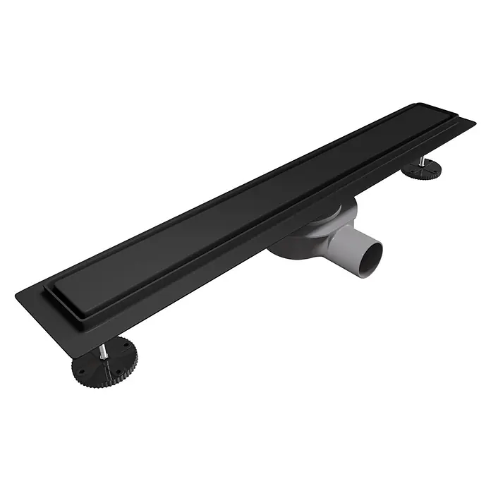 LOMAZOO Duschsystem SFD-02-BLACK-80 - Schwarz - Mattschwarze Linienentwässerung mit grauem Siphonanschluss und verstellbaren Füßen.