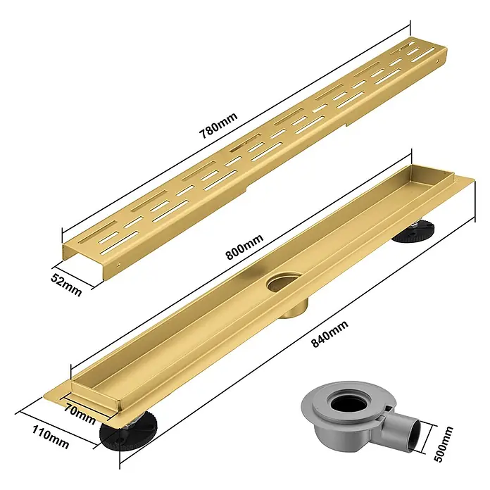 LOMAZOO Duschsystem SFD-01-GOLD-80 - Gold - Goldfarbenes Duschabflusssystem mit Rost, Rinne und Siphon, Maße angegeben.