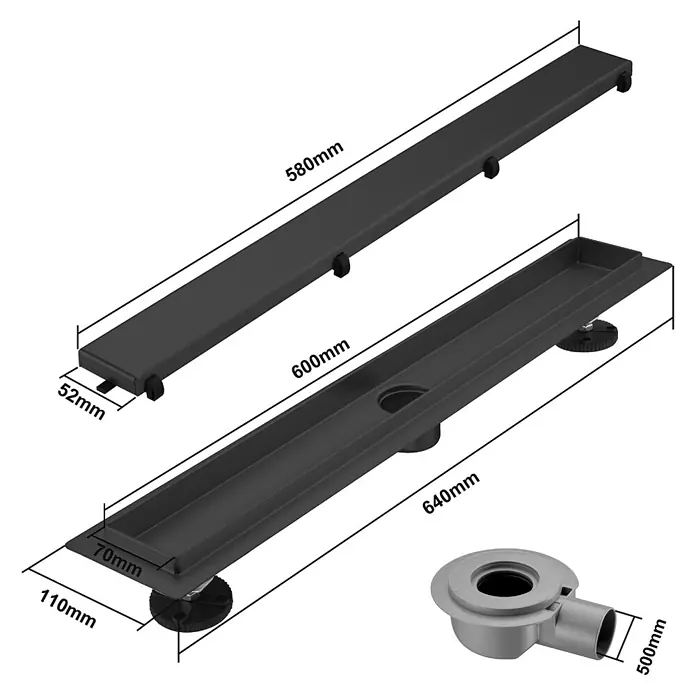 LOMAZOO Duschrinne Nilo 60 cm Schwarz -  - Schwarzes lineares Duschabflusssystem mit Rost, Rinne und grauem Ablaufstutzen, mit Maßen.