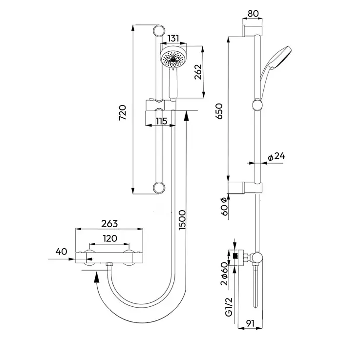 LOMAZOO Duschsystem LMZ-VARO - Glänzend - Technische Zeichnung eines Brausesets mit Brausestange, Handbrause und Mischer.