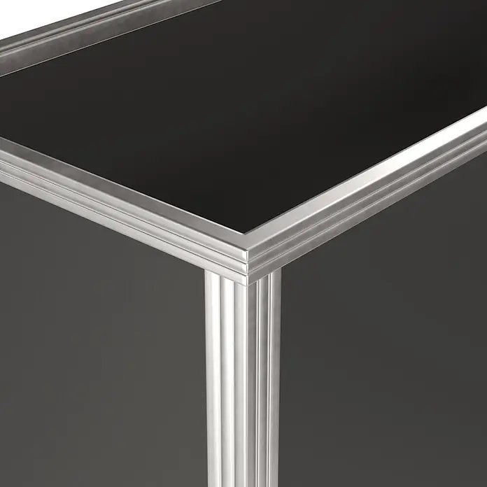 KGT Hochbeet - 1,21 x 0,45 x 0,77 m, Aluminium, Silber - Schwarze Tischecke mit reflektierendem silbernem Besatz und geriffelter Säule.