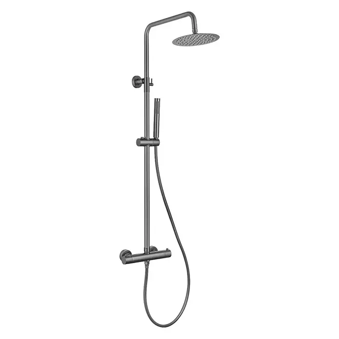 LOMAZOO Duschsystem LMZ-LYNN - Anzahl Strahlarten: 1 Stk., Gunmetal - Dunkelgraues Thermostat-Duschsystem mit rundem Regenduschkopf und Handbrause.