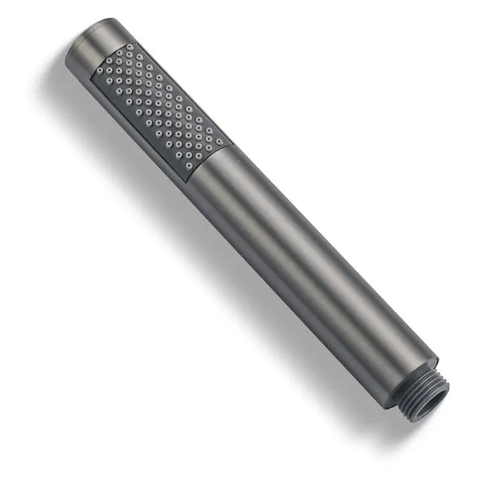 LOMAZOO Duschsystem LMZ-LYNN - Anzahl Strahlarten: 1 Stk., Gunmetal - Matt dunkelgraue zylindrische Handbrause mit kontrastierender strukturierter Düsenplatte und Gewindeanschluss.