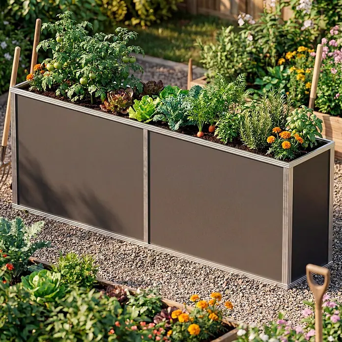 KGT Hochbeet - 2,05 x 0,45 x 0,77 m, Aluminium, Silber - Langes, dunkelgraues Hochbeet aus Metall mit Silberrahmen, gefüllt mit Gemüse und Kräutern, auf Kies im Garten.