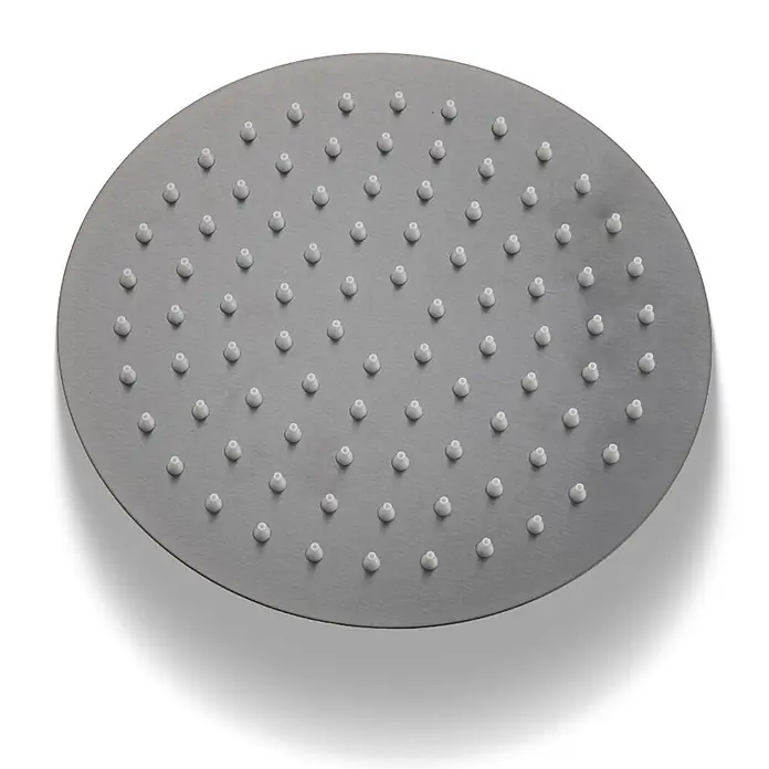 LOMAZOO Duschsystem LMZ-LYNN - Anzahl Strahlarten: 1 Stk., Gunmetal - Runder Duschkopf aus gebürstetem Metall mit zahlreichen weißen Gummidüsen zur Wasserverteilung.