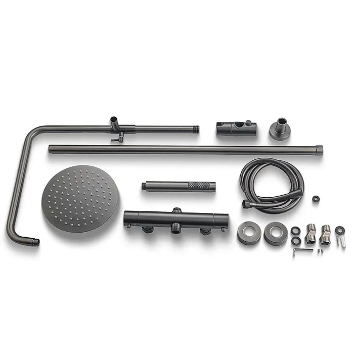 LOMAZOO Duschsystem LMZ-LYNN - Anzahl Strahlarten: 1 Stk., Gunmetal - Demontiertes Duschsystem aus dunklem Metall mit Regenduschkopf, Handbrause, Schlauch und Befestigungsmaterial.