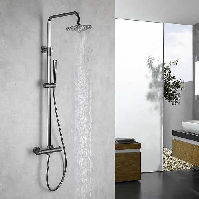 LOMAZOO Duschsystem LMZ-LYNN - Anzahl Strahlarten: 1 Stk., Gunmetal - Modernes dunkelgraues Duschsystem mit Kopf- und Handbrause, Thermostatmischer und fließendem Wasser.