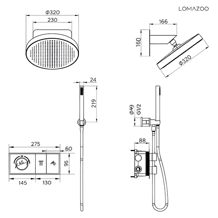 LOMAZOO Duschsystem LMZ-ANGIE - Anzahl Strahlarten: 1 Stk., Matt - Technische Zeichnung eines Duschsystems mit Regenduschkopf, Handbrause und Unterputz-Thermostatbatterie.