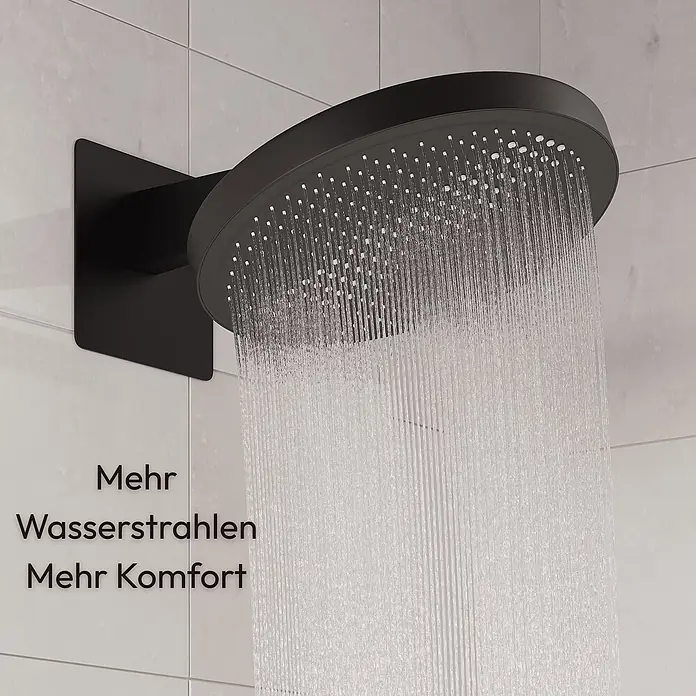 LOMAZOO Duschsystem LMZ-ANGIE - Anzahl Strahlarten: 1 Stk., Matt - Mattschwarzer wandmontierter Duschkopf, der Wasser sprüht.