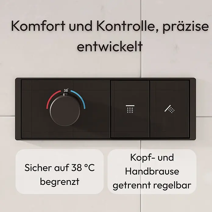 LOMAZOO Duschsystem LMZ-ANGIE - Anzahl Strahlarten: 1 Stk., Matt - Dunkelgraue Duscharmatur mit Thermostat, 38°C Temperaturbegrenzung und separaten Reglern für Kopf- und Handbrause.