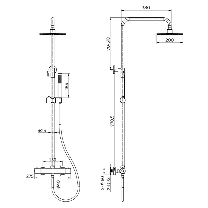 LOMAZOO Duschsystem LMZ-VINCENZO - Anzahl Strahlarten: 1 Stk., Chrom - Technische Zeichnung eines Duschsystems mit runder Kopfbrause, Handbrause und Thermostatmischer.