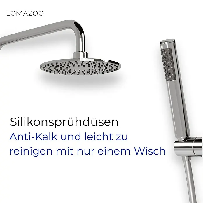 LOMAZOO Duschsystem LMZ-VINCENZO - Anzahl Strahlarten: 1 Stk., Chrom - Chrom-Duschkopf und Handbrause mit Silikonsprühdüsen, kalkabweisend und leicht zu reinigen.