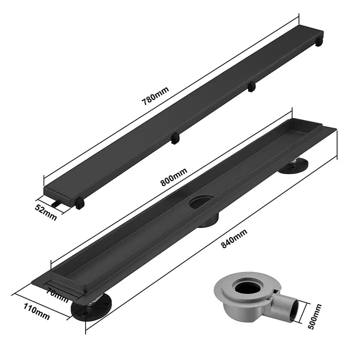 LOMAZOO Duschsystem SFD-02-BLACK-80 - Schwarz - Schwarzes lineares Duschabfluss-Set mit Abdeckung, Kanal, verstellbaren Füßen und separatem Ablaufanschluss, Maße angezeigt.