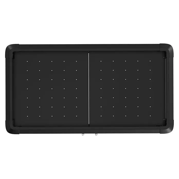 Hochbeet mit Staufach - 107 x 57 x 78 cm, Stahl, Anthrazit - Schwarze rechteckige LED-Anzeigetafel mit abgerundeten Ecken, in zwei Abschnitte unterteilt, jeder mit einem Raster weißer Punkte. Robuster Rahmen, zwei kleine Bedienelemente.