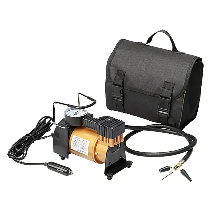 UniTEC Kompressor Premium - Füllleistung: 35 l/min - Abgebildet ist ein tragbarer Luftkompressor mit Manometer, Netzkabel, Schlauch und einer schwarzen Tragetasche.