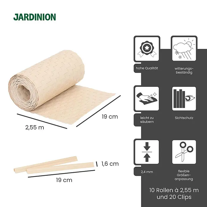 Jardinion Sichtschutzelement 10x Sichtschutzstreifen 250cm x 19cm inkl. Klemmschienen Beige - B x H: 0,24 x 19 cm, Kunststoff, Beige - Set aus 10 hellbeigen gewebten Balkonsichtschutzrollen (2,55m x 19cm) mit 20 Clips.