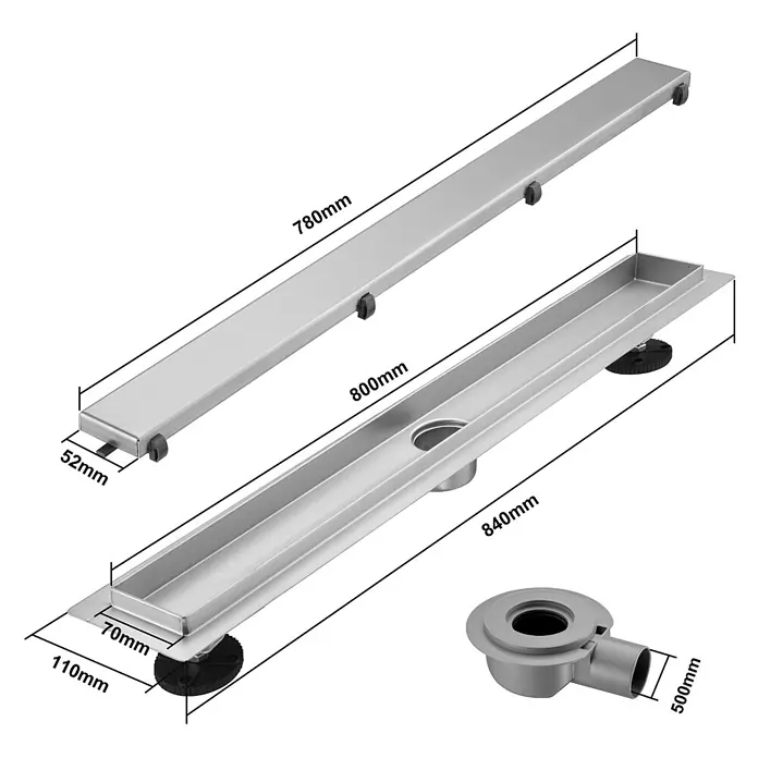 LOMAZOO Duschsystem SFD-02-BRUSHED-80 - Stahl - Silberfarbene lineare Duschrinne mit Rost, Ablaufkanal und Abflussanschluss, Maße dargestellt.