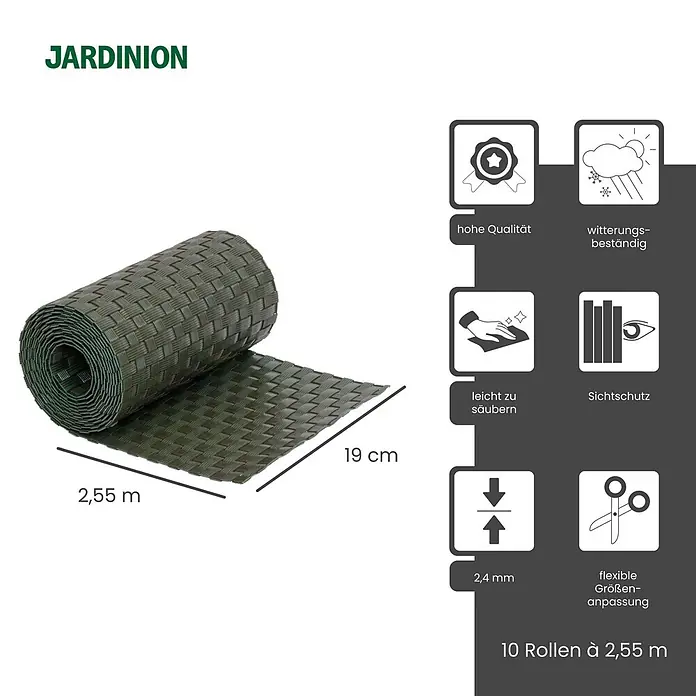 Jardinion Sichtschutzelement 10x Sichtschutzstreifen 250cm x 19cm x 2,4mm Grün - Kunststoff, Grün - Dunkelgrüner geflochtener Sichtschutzstreifen, 19 cm breit, gerollt. Witterungsbeständig und leicht zu reinigen für den Zaun.