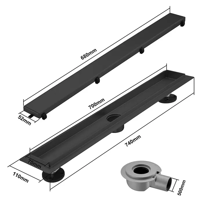 LOMAZOO Duschsystem SFD-02-BLACK-70 - Schwarz - Schwarze lineare Duschrinne mit abnehmbarer Abdeckung, Hauptkanal und separatem grauem Abfluss, Maße angezeigt.
